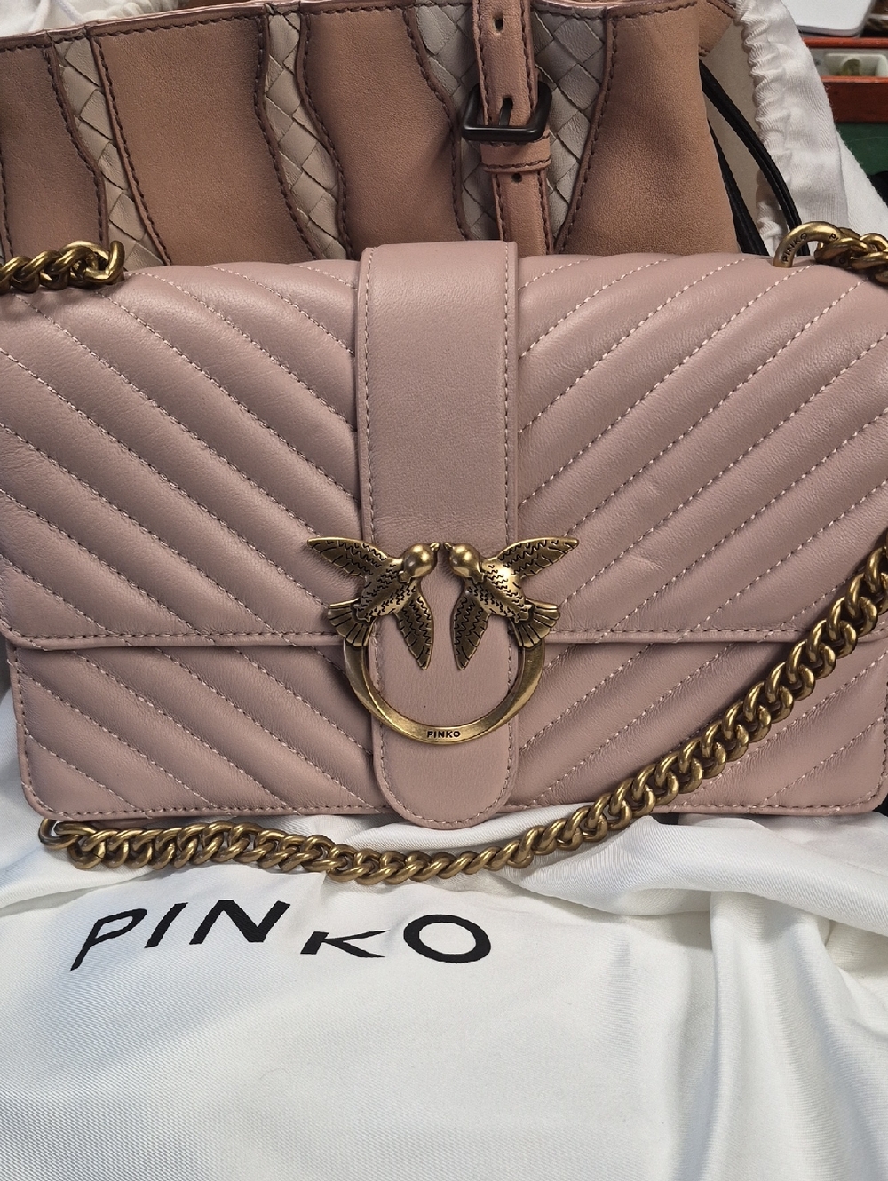 PINKO BLUSH Quilted Shoulder Bag with Gold Bird Hardware